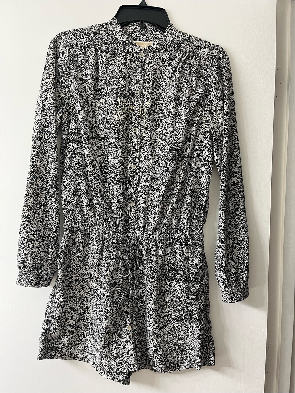 Michael Kors Black and White Floral Long-Sleeve Drawstring Romper